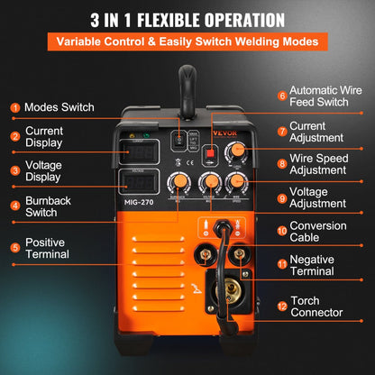 MIG-270 - 3-in-1 270A Portable Inverter Welder with Safety Features