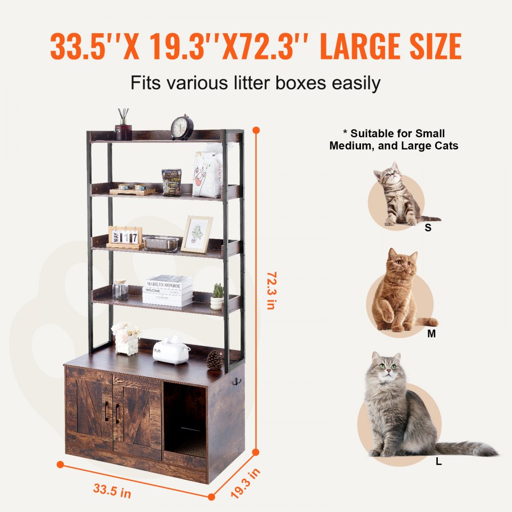 CWM004 - 33.5"L Wooden Cat Litter Box Furniture with 4 Shelves