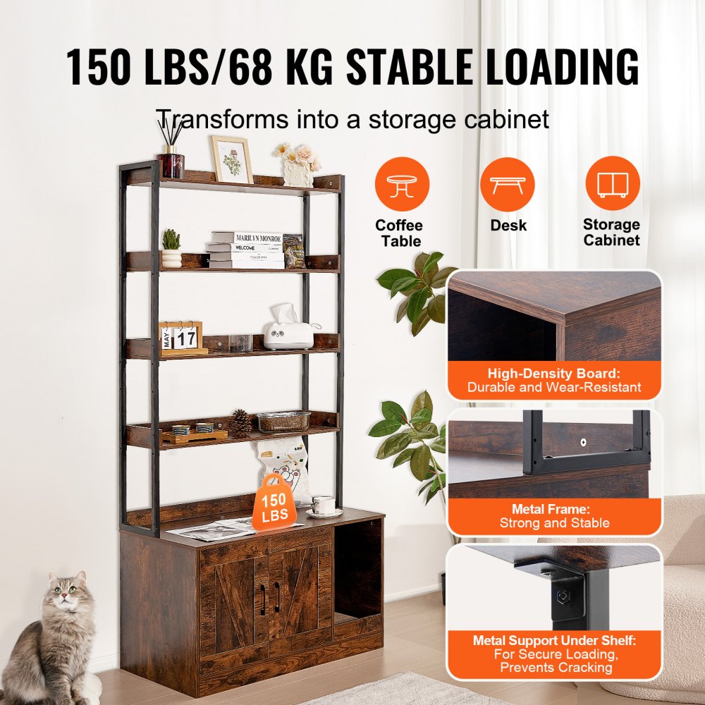 CWM004 - 33.5"L Wooden Cat Litter Box Furniture with 4 Shelves