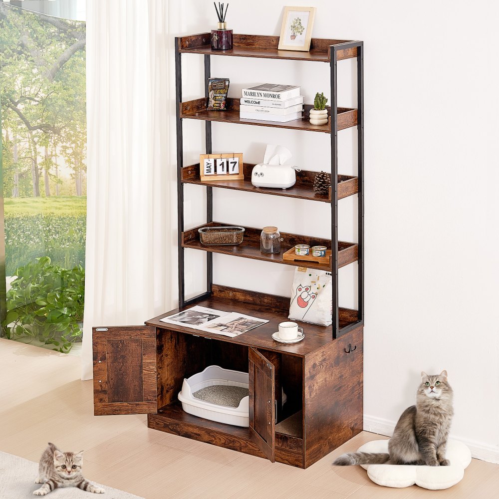 CWM004 - 33.5"L Wooden Cat Litter Box Furniture with 4 Shelves
