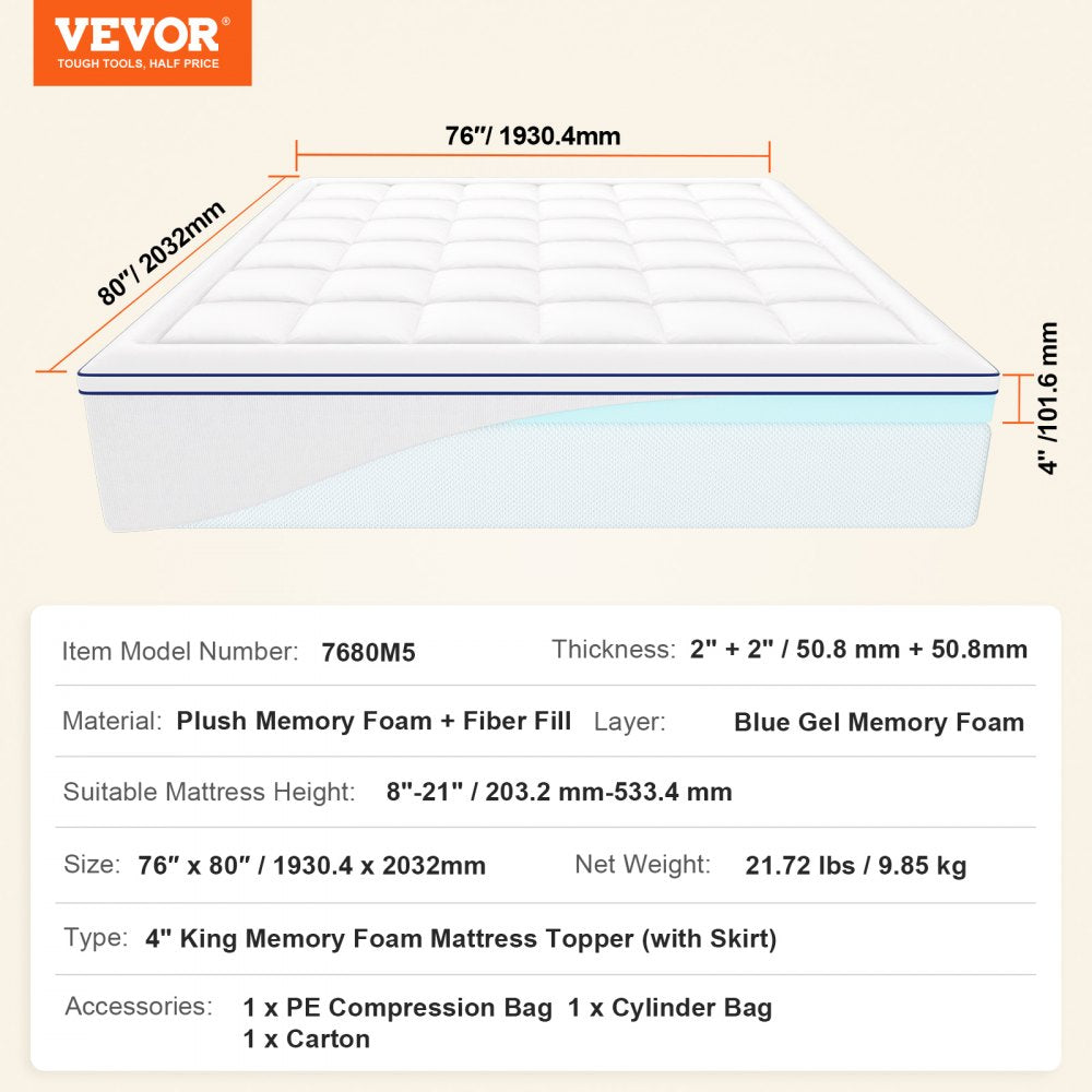 7680M5 - 4" King Memory Foam Mattress Topper with Cooling Gel and Pocket