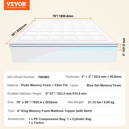 7680M5 - 4" King Memory Foam Mattress Topper with Cooling Gel and Pocket