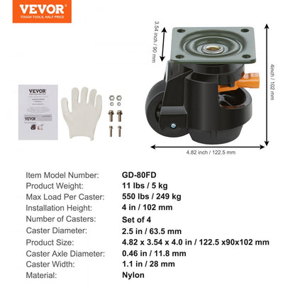 GD-80FD Heavy-Duty Leveling Casters for Uneven Floors, 2200 lbs Capacity