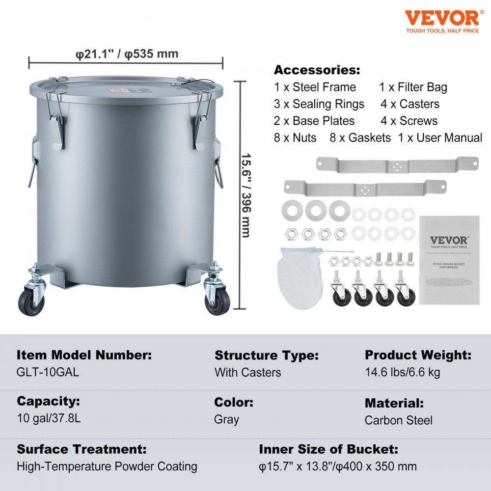 GLT-10GAL - Heavy-Duty 10 Gal Fryer Grease Bucket with Quick-Locking Clips