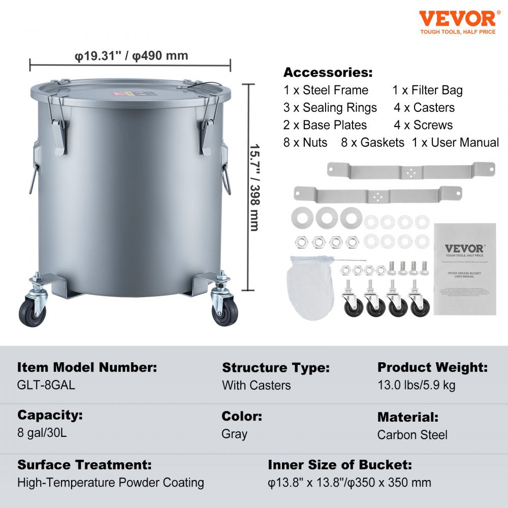 GLT-8GAL - 8 Gal Mobile Fryer Grease Bucket with Caster Base