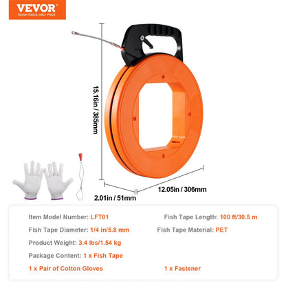 LFT01 - 100ft Non-Conductive Fish Tape with Comfortable Grip