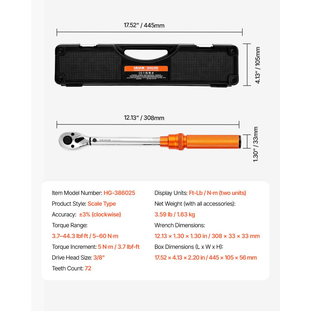 HG-386025 - Precision Torque Wrench 3/8" Drive 5-60 N.m with Case