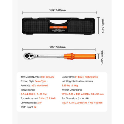 HG-386025 - Precision Torque Wrench 3/8" Drive 5-60 N.m with Case