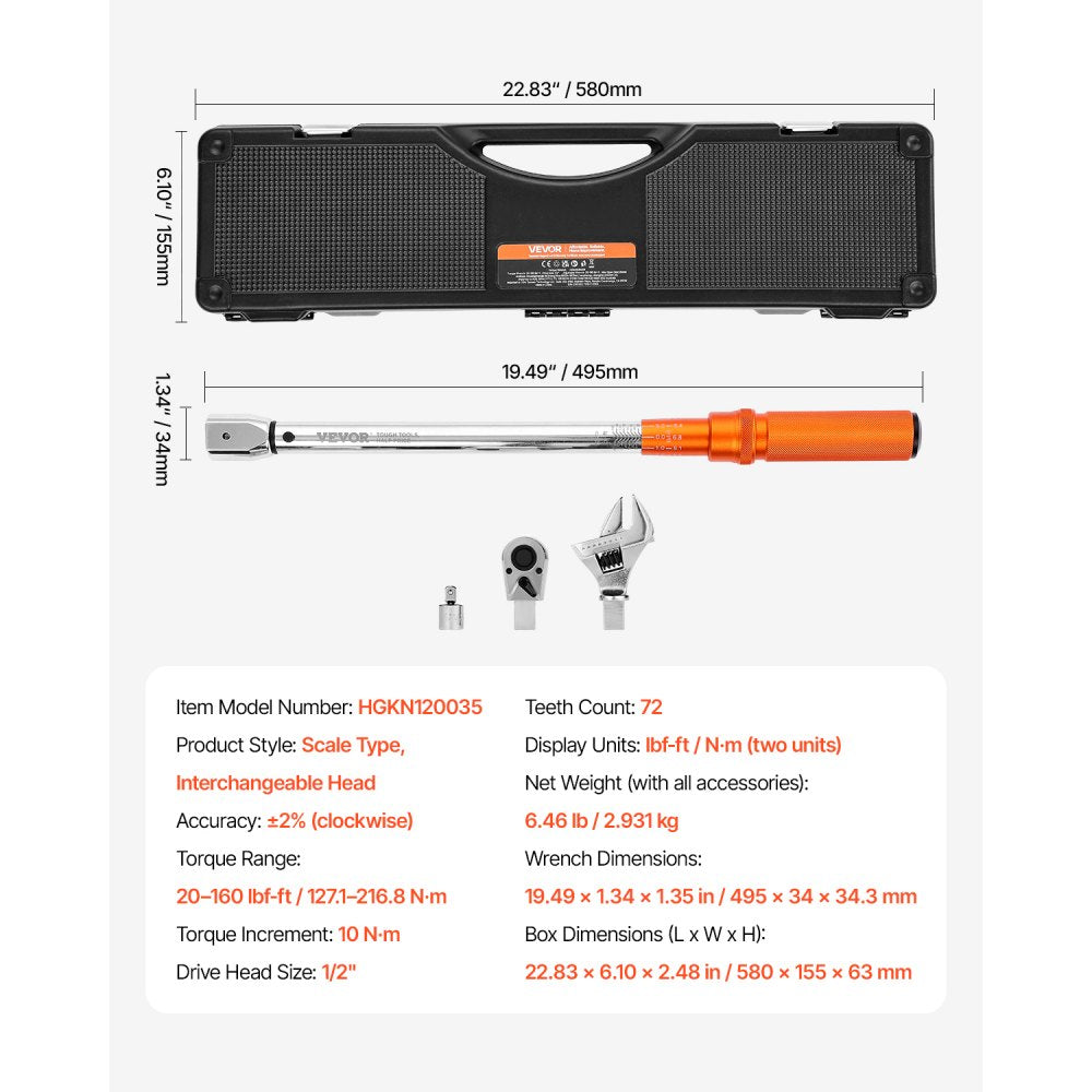 HGKN120035 - Precision 1/2" Drive Torque Wrench, 20-160 lbf-ft, Alloy Steel