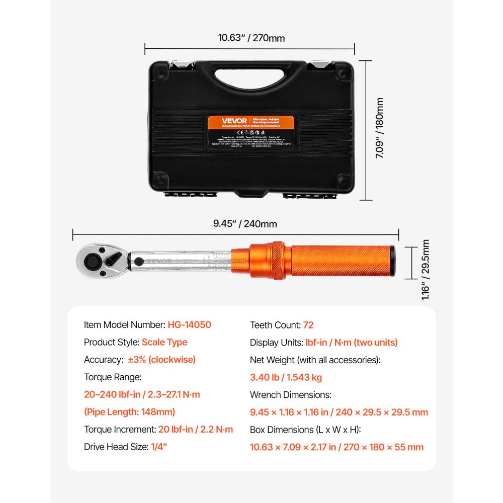 HG-14050 - Precision Torque Wrench Set, 1/4" Drive, ±3% Accuracy