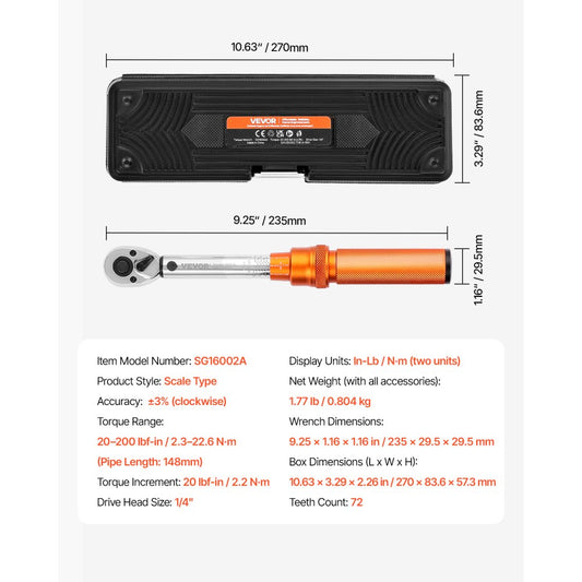 SG16002A - Precision Click Torque Wrench 1/4" Drive, 20-200 lbf-in