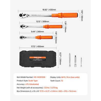 HG-14381206 - Precision Torque Wrench Set, Dual-Direction, Chrome-Plated Finish