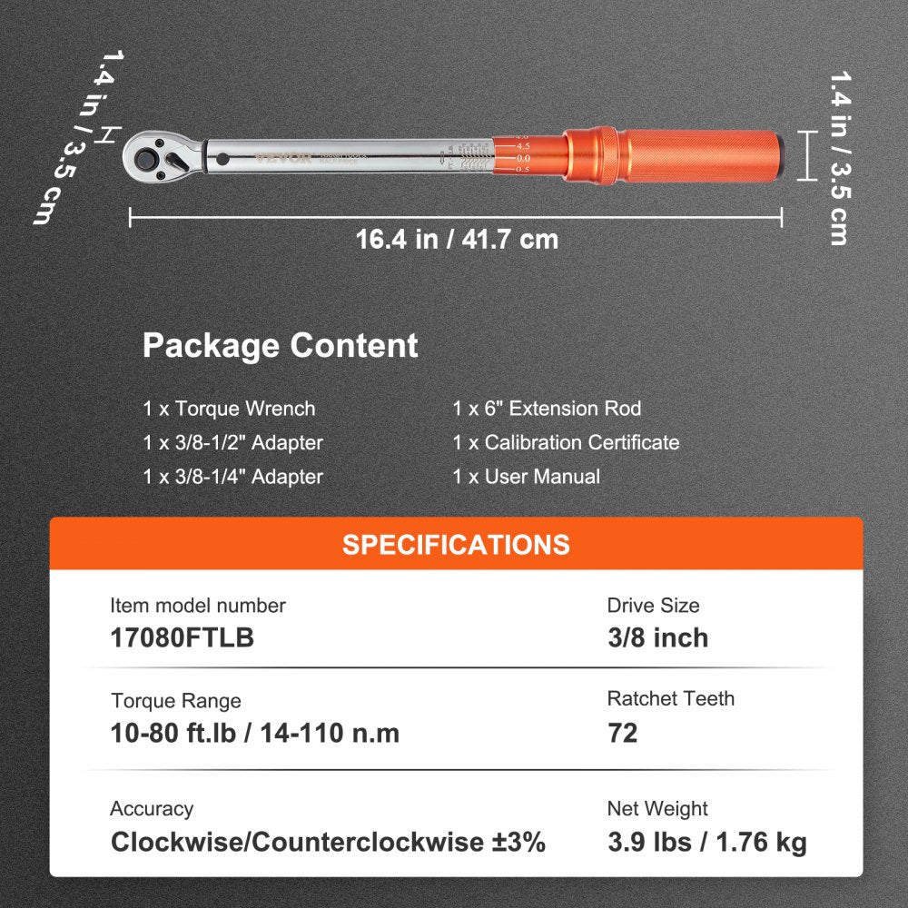 17080FTLB - Precision 3/8" Click Torque Wrench, 10-80ft.lb, Ergonomic Grip