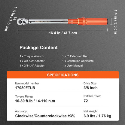 17080FTLB - Precision 3/8" Click Torque Wrench, 10-80ft.lb, Ergonomic Grip