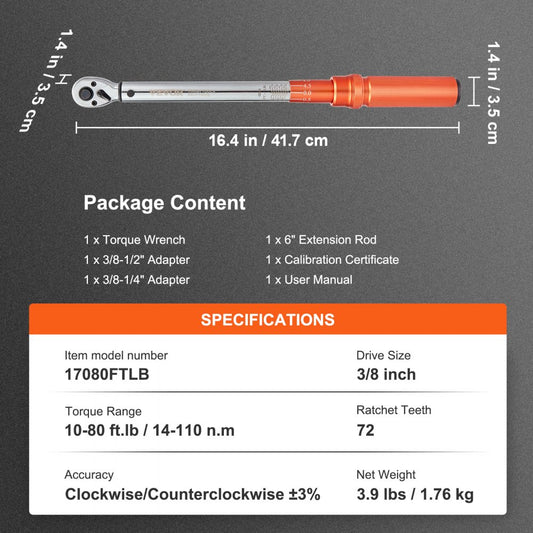 17080FTLB - Precision 3/8" Click Torque Wrench, 10-80ft.lb, Ergonomic Grip