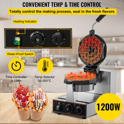 HT-2206E - 1200W Commercial Bubble Waffle Maker with Hexagonal Mold