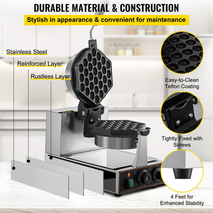 HT-2206E - 1200W Commercial Bubble Waffle Maker with Hexagonal Mold