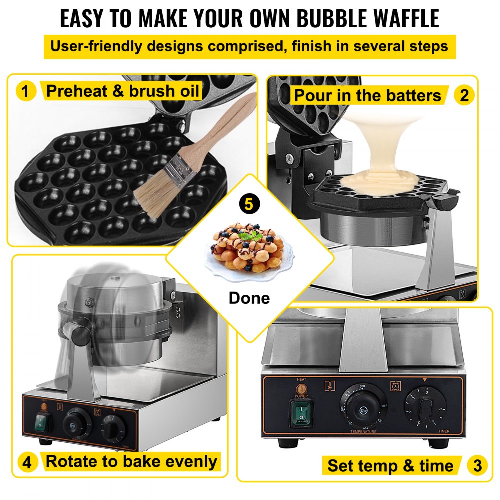 HT-2206E - 1200W Commercial Bubble Waffle Maker with Hexagonal Mold