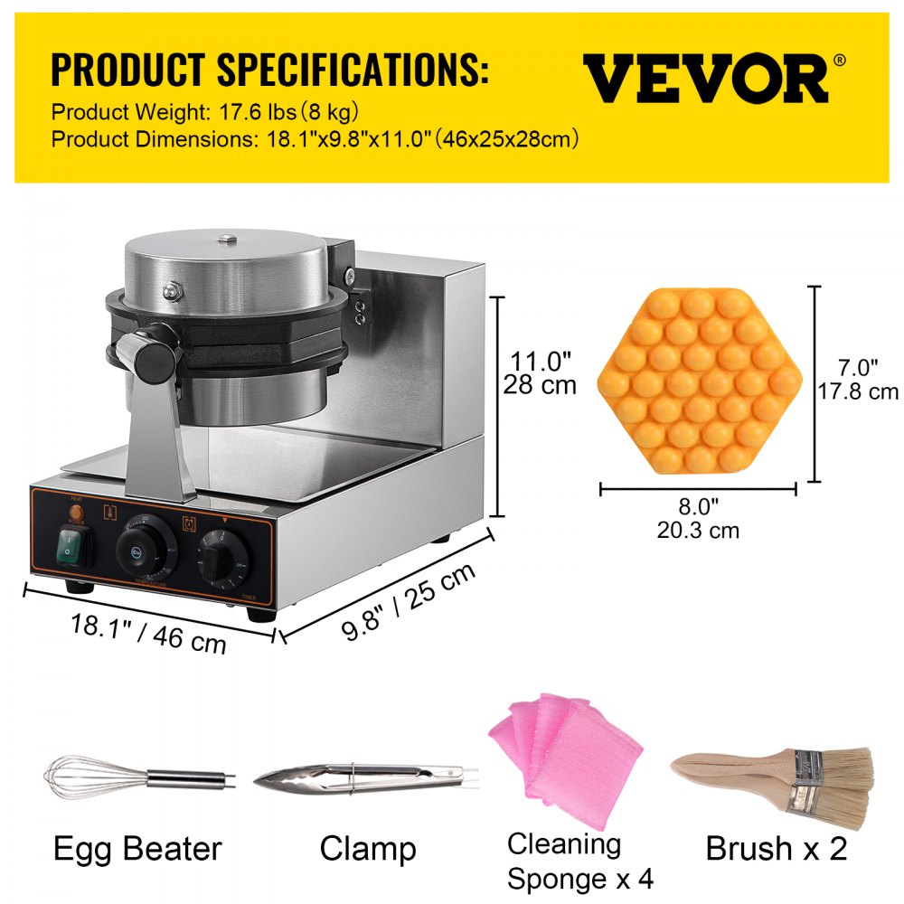HT-2206E - 1200W Commercial Bubble Waffle Maker with Hexagonal Mold