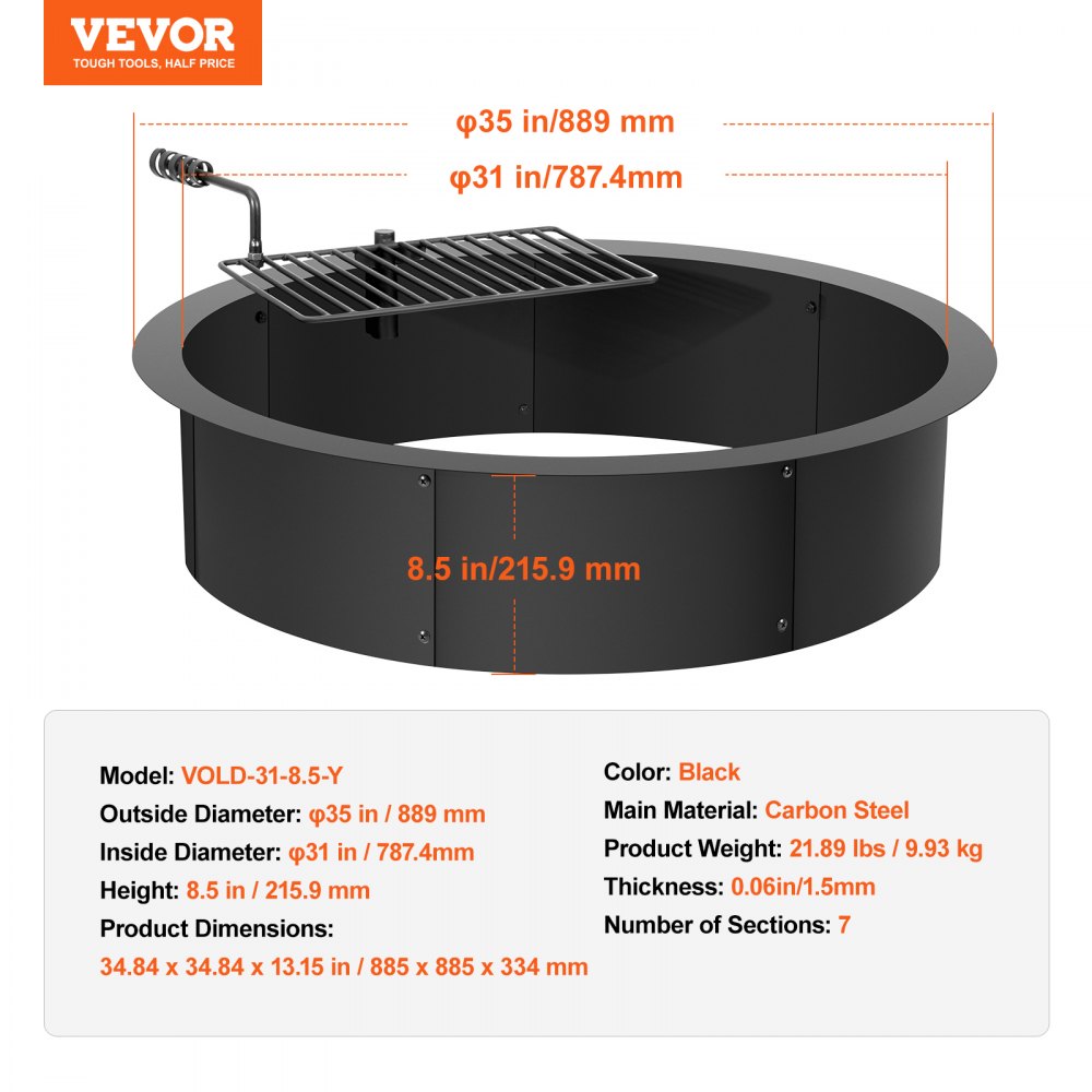 VOLD-31-8.5-Y - 35-Inch Durable Carbon Steel Fire Pit Ring for DIY Fires