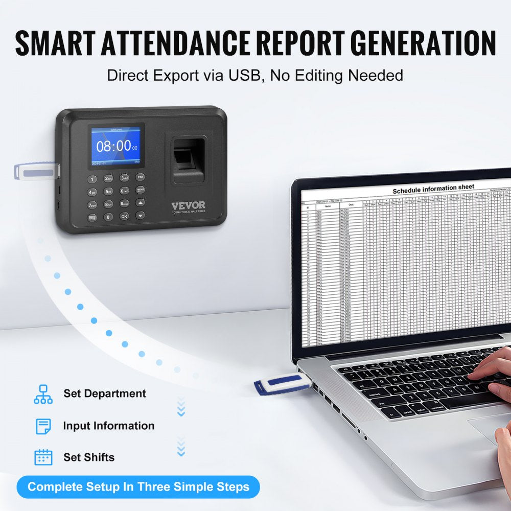 F01H - VEVOR Fingerprint Attendance Clock with 2.4" Display & USB Export