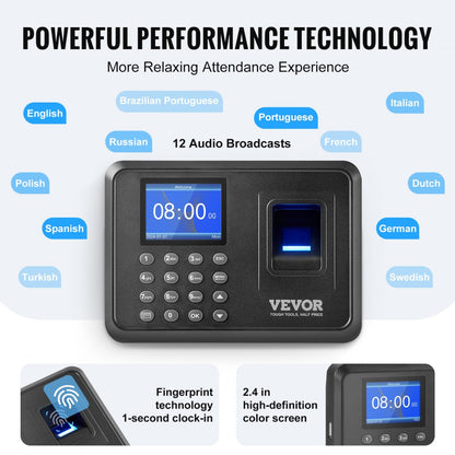 F01H - VEVOR Fingerprint Attendance Clock with 2.4" Display & USB Export