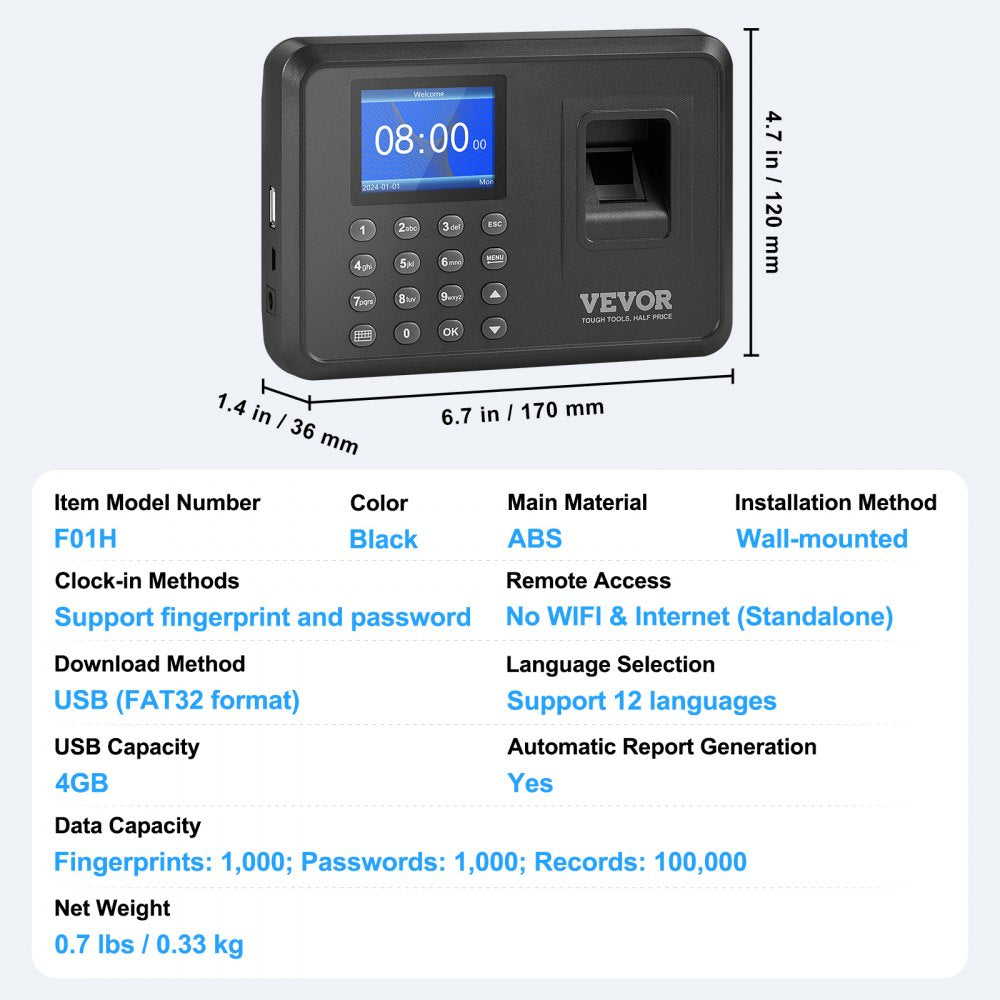 F01H - VEVOR Fingerprint Attendance Clock with 2.4" Display & USB Export