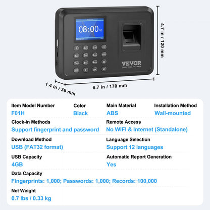 F01H - VEVOR Fingerprint Attendance Clock with 2.4" Display & USB Export