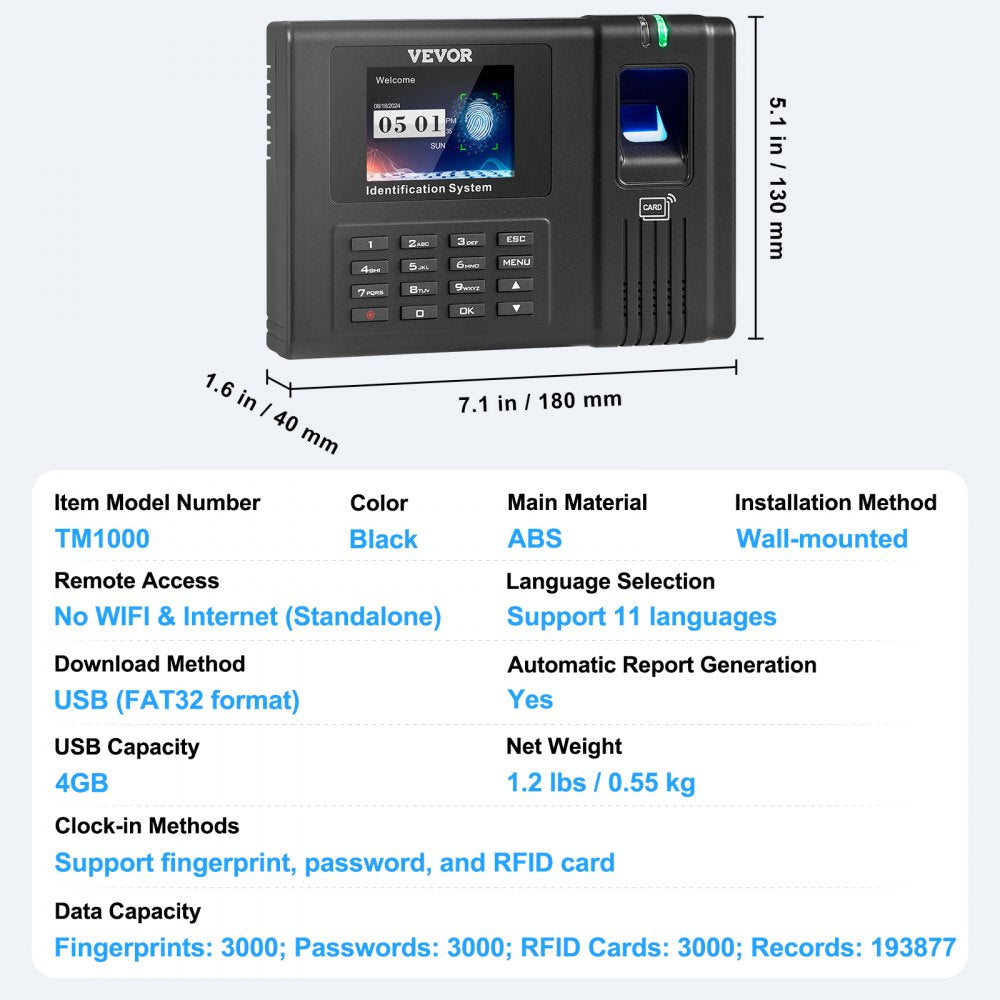 TM1000 - Advanced Attendance Clock with Fingerprint, PIN & RFID Verification