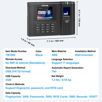 TM1000 - Advanced Attendance Clock with Fingerprint, PIN & RFID Verification