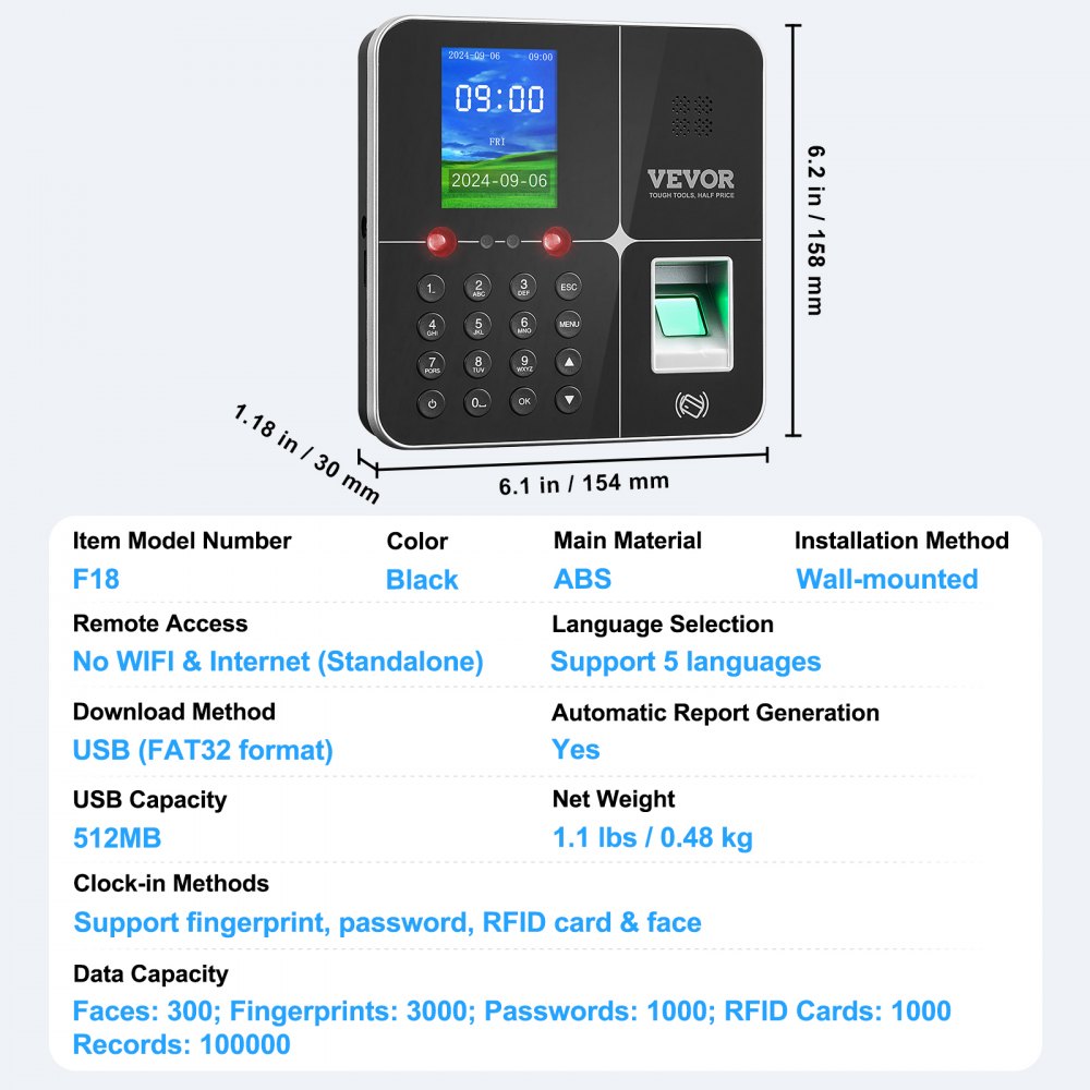 F18 - Biometric Time Clock with Facial, Fingerprint & RFID Verification