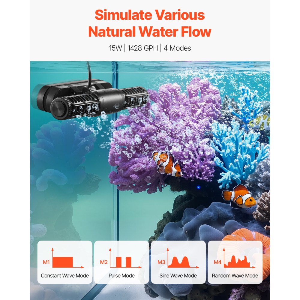 EB-V11 - 15W Adjustable Aquarium Wave Maker Pump, 1428 GPH, 360° Flow Control