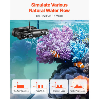 EB-V11 - 15W Adjustable Aquarium Wave Maker Pump, 1428 GPH, 360° Flow Control