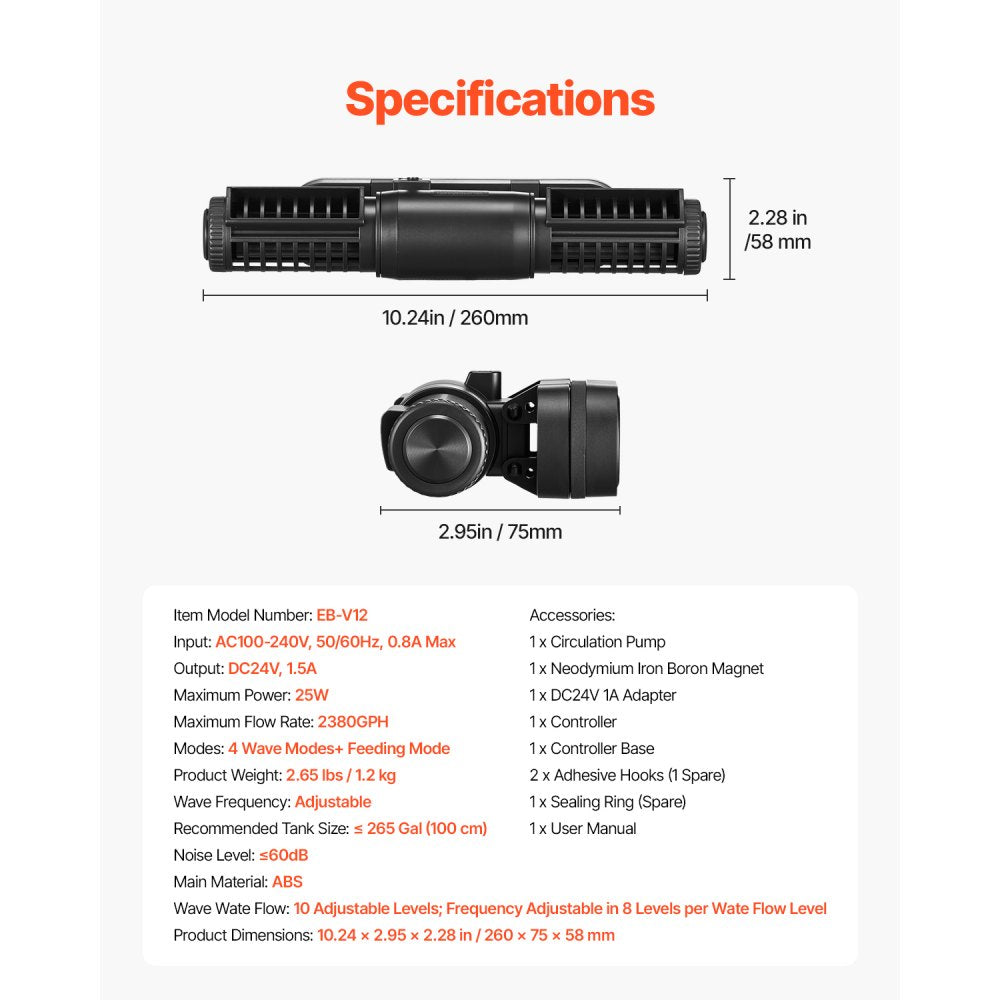 EB-V12 - 25W Adjustable Aquarium Wave Maker with 2380 GPH Flow Rate
