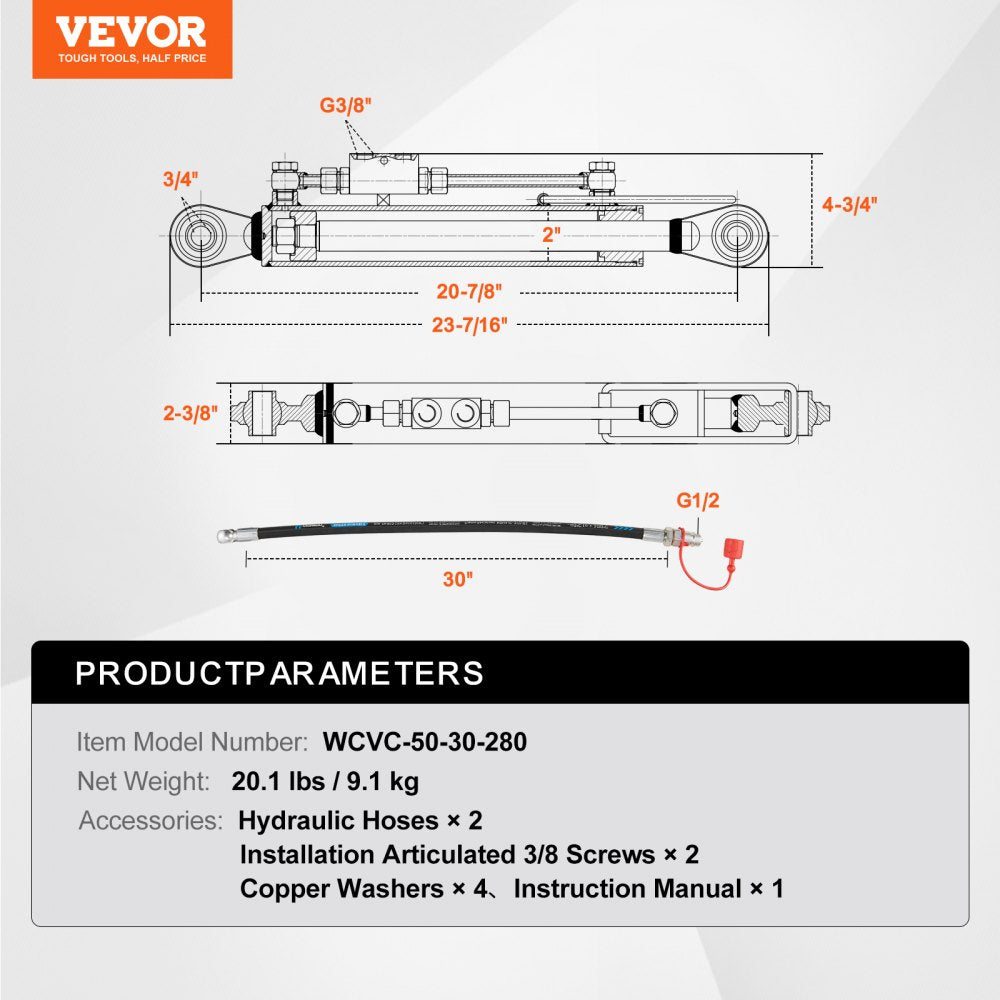 WCVC-50-30-280 - Heavy-Duty Hydraulic Top Link, 11 in Piston, Easy Install