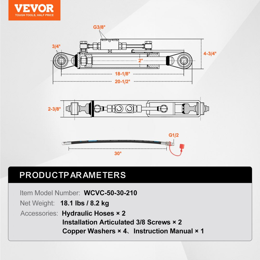 WCVC-50-30-210 - Heavy-Duty Hydraulic Top Link, 8.25 in, 18.13-26.38 in