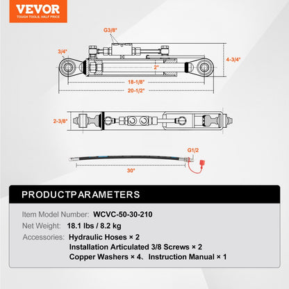 WCVC-50-30-210 - Heavy-Duty Hydraulic Top Link, 8.25 in, 18.13-26.38 in