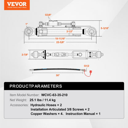 WCVC-63-35-210 - Heavy-Duty Hydraulic Top Link for Category 2 Tractors