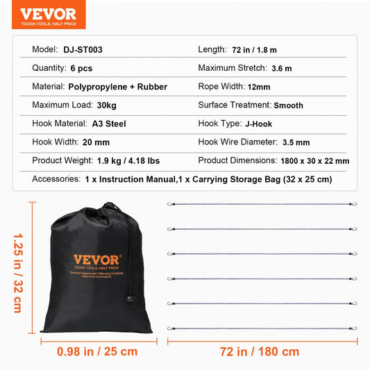 DJ-ST003 - 72" Heavy-Duty Bungee Cords with A3 Hooks for Secure Transport