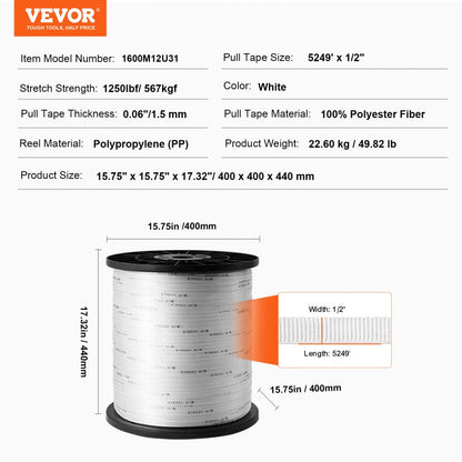 1600M12U31 - 1/2" x 5249' Durable Polyester Pull Tape, 1250 lbf Capacity