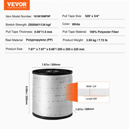 161M19MP9P - 3/4" x 528' High-Strength Polyester Pull Tape for Heavy-Duty Tasks