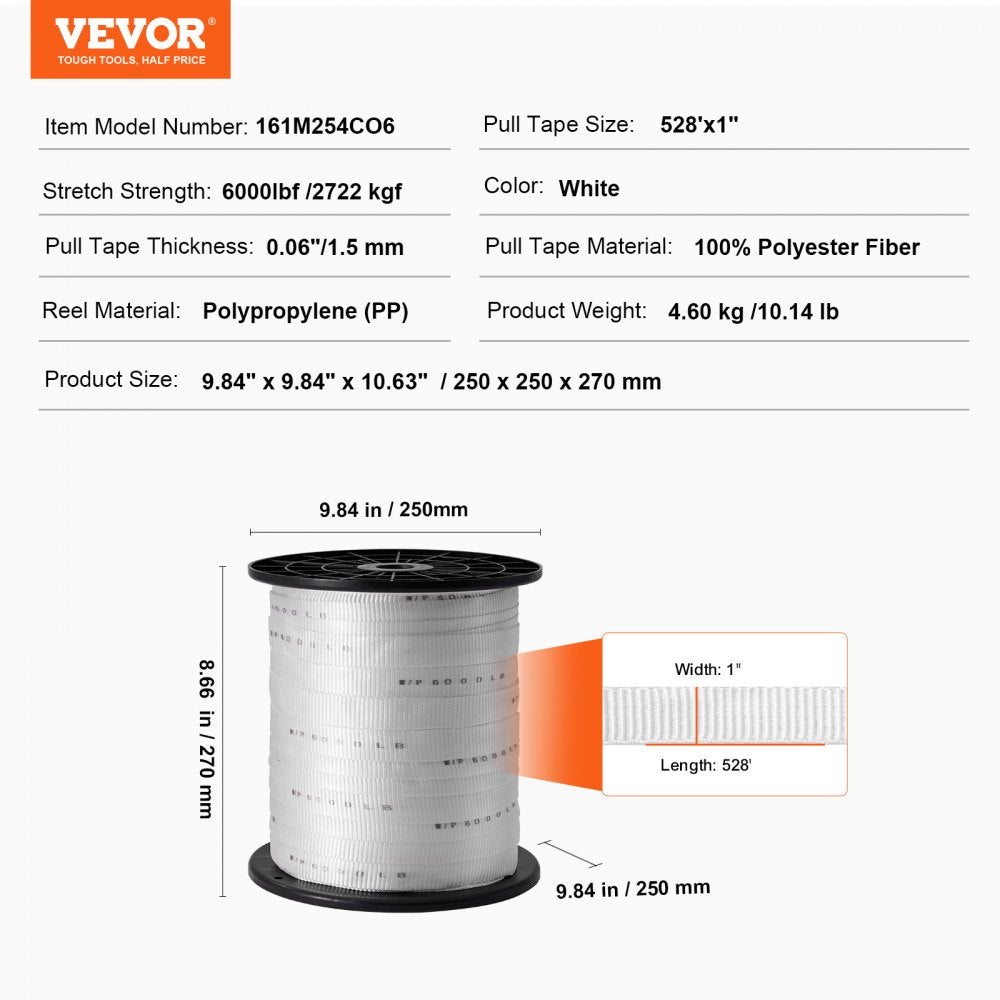 161M254CO6 - Heavy-Duty 1" x 528' Polyester Pull Tape with 6000 lbf Strength