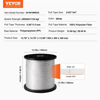 641M19M9OS - 3/4" x 2103' Heavy-Duty Polyester Pull Tape with Markings
