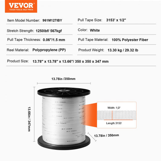 961M127IBY - VEVOR 1/2" x 3153' Polyester Pull Tape for Efficient Wiring
