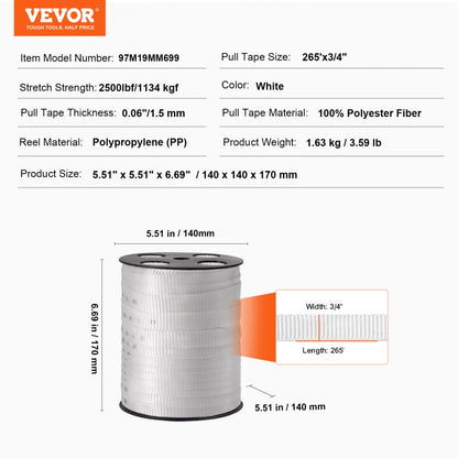 97M19MM699 - 3/4" x 265' VEVOR Polyester Pull Tape for Heavy-Duty Use