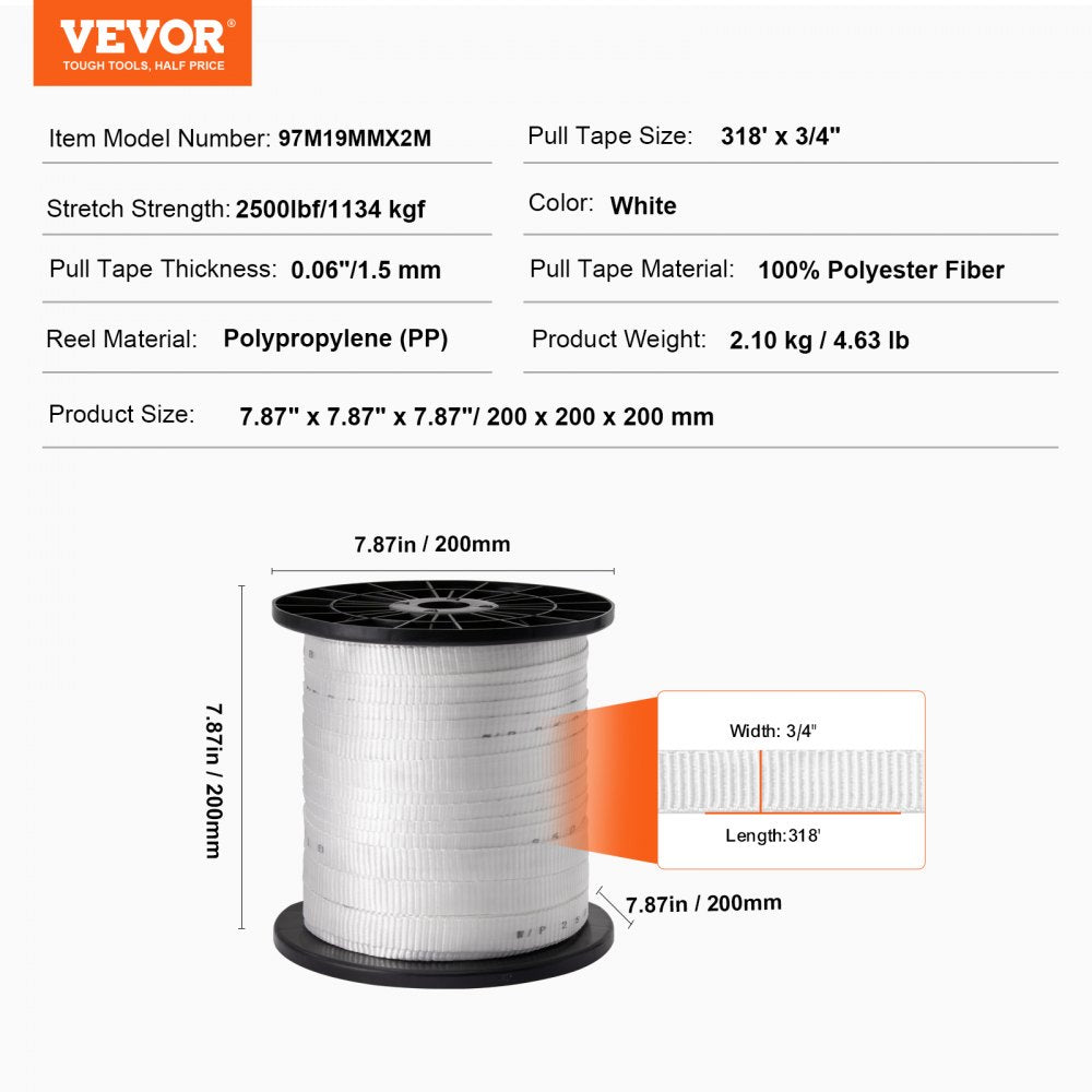 97M19MMX2M - 3/4" x 318' VEVOR Durable Polyester Pull Tape for Heavy-Duty Tasks