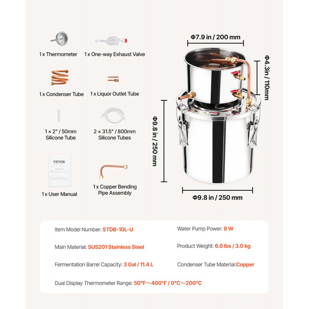 STDB-10L - 3 Gal Stainless Steel Distillation Kit with Cooling Pot and Valves