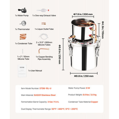 STDB-10L-U - 3 Gal Stainless Steel Distillation Kit with Cooling System