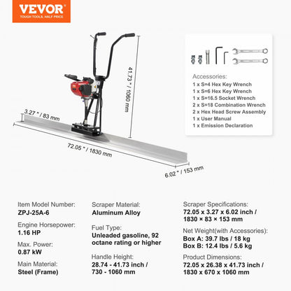 ZPJ-25A-6 - VEVOR 6ft Lightweight Gas Concrete Screed with Adjustable Handles