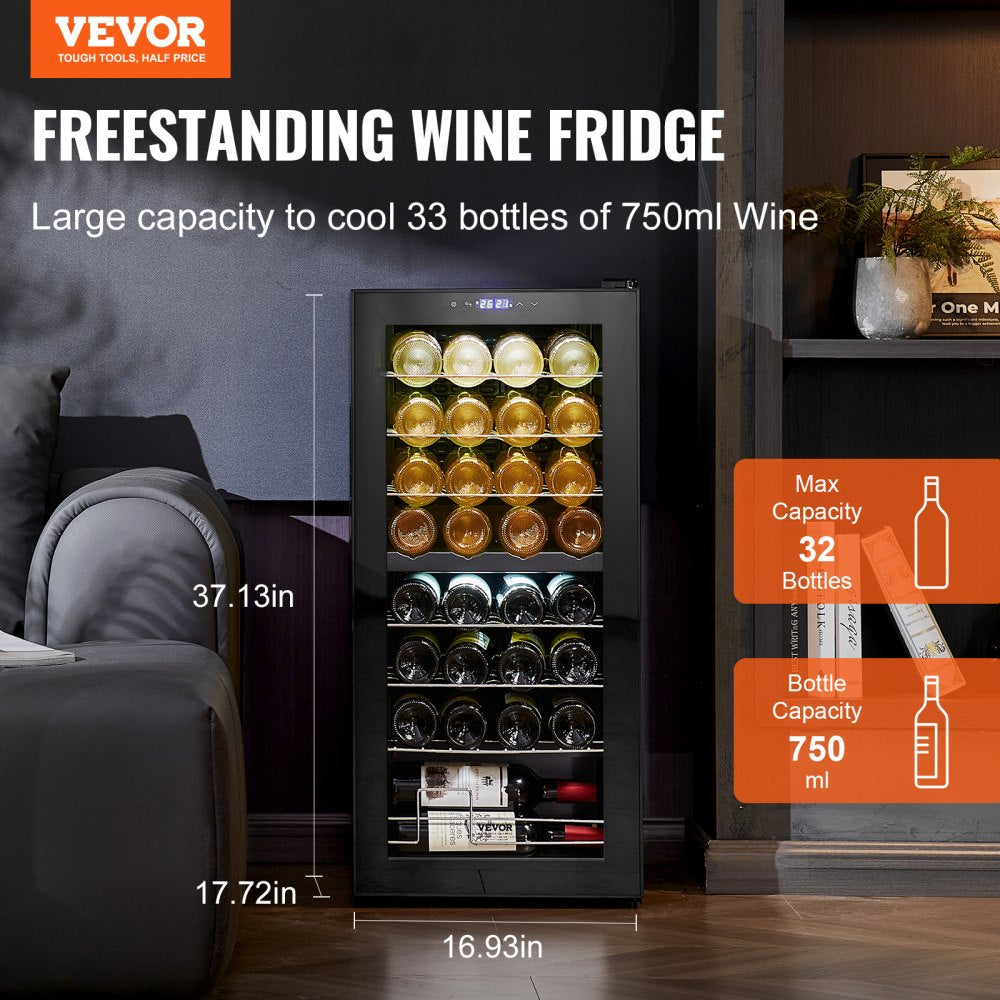 JC-94D - Dual-Zone 32-Bottle VEVOR Wine Cooler with LED Light